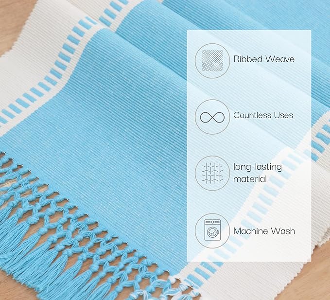 PurpleEssences Table Runner - Wide with Dobby Stripe, Heavy Ribbed Weave & Double Knot Fringes, 14x90 Inch (14x95.5 with Fringes) Boho Farmhouse Decor Christmas Holiday Winter - Aqua Blue and H.White