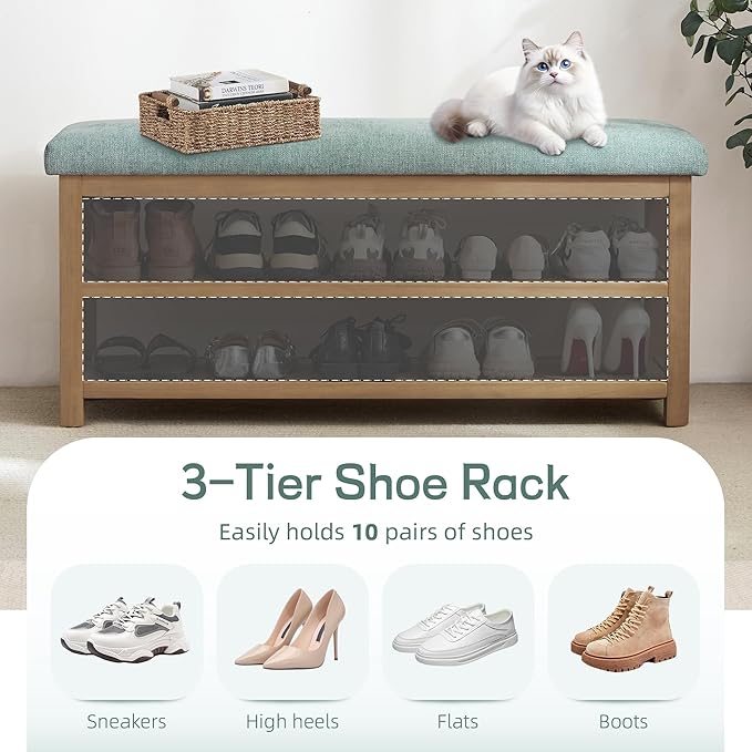 Zihanhome Shoe Rack Bench with Cushion, 2 Tier Solid Wood Storage Bench, Mid-Century Modern Shoe Bench for Entryway, Hallway, Closet, Front Door Entrance, Foyer (Teal, 46.5")