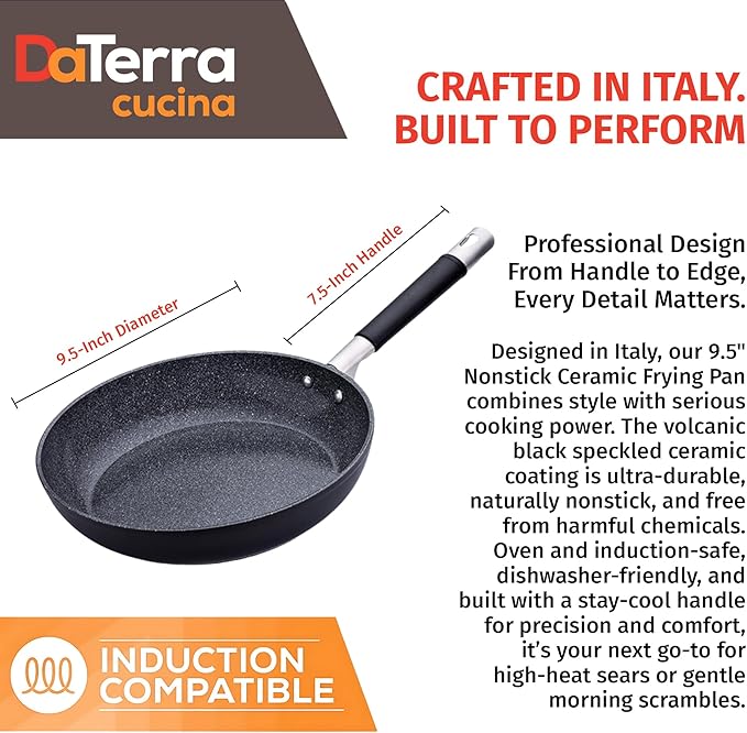 DaTerra Cucina - Nonstick Ceramic Frying Pan - Made in Italy - Oven & Induction Safe - High Heat Resistant Nonstick Cookware - Dishwasher Safe - Volcanic Black Speckled - 9.5"