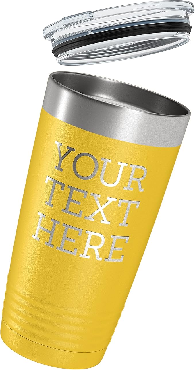 Personalized 20oz (17 Colors) Powder Coated Insulated Stainless Steel Tumbler with Lid, Custom Etched, Customized Text Message Name, Engraved Gift Idea Women Men Him Her, Your Text Here (Yellow)