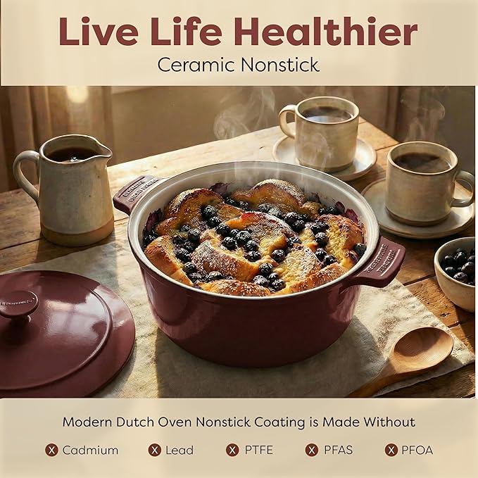 Gotham Steel 5 Qt Lightweight Dutch Oven Pot with Lid & Holders, Ceramic Non Toxic, Oven Safe & Even Heat Retaining Dutch Oven for Bread Baking Sourdough, Soup, Casserole, 70% Lighter than Cast Iron