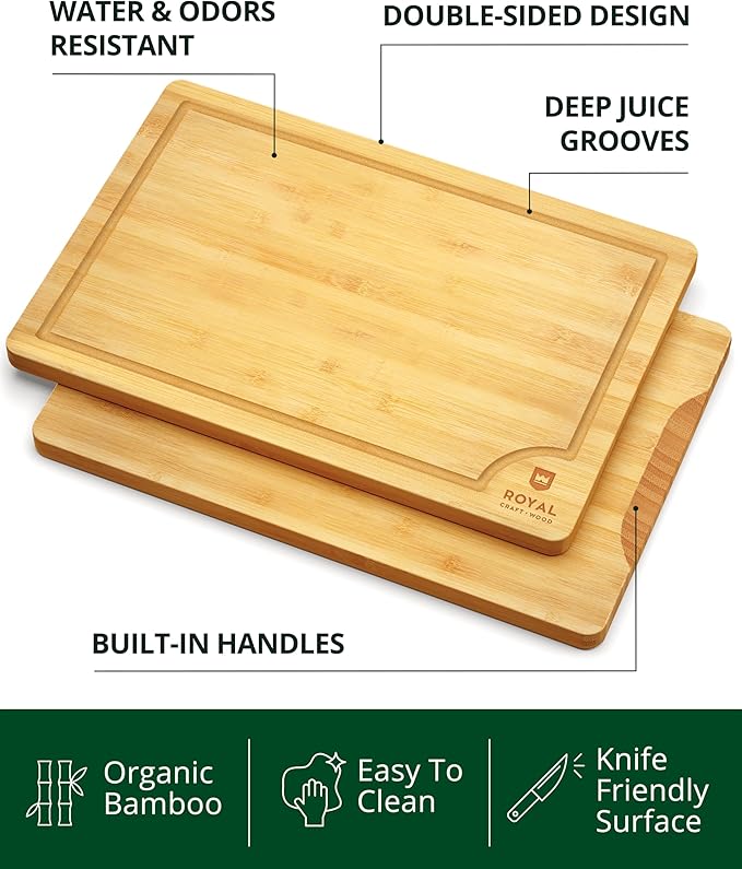 ROYAL CRAFT WOOD Wooden Cutting Boards for Kitchen Meal Prep & Serving - Bamboo Wood Serving Board with Deep Juice Groove Side Handles - Charcuterie & Chopping Butcher Block for Meat