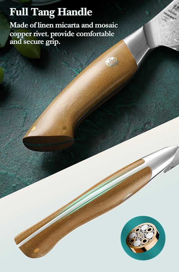 HEZHEN Kitchen Utility Knife, 5.5 Inches, 67 Layers Damascus Steel, Multifucational Paring Knife for Chefs and Home Cooking, Ultra-sharp Blade with Linen Micarta Handle, Gift Packing