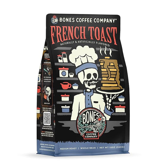 Bones Coffee Company French Toast, Sweet and Buttery Flavored Flavored Coffee, Medium Roast Low Acid Arabica Beans Compatible with Auto drip and French Press Coffee Maker, 12 Oz Whole Bean