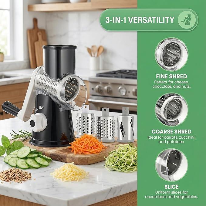 Manual Multi-Function Vegetable Slicer & Grater ??Interchangeable Blades for Shredding, Slicing, Shaving (Vegetables, Cheese, Nuts) (2, White, black)