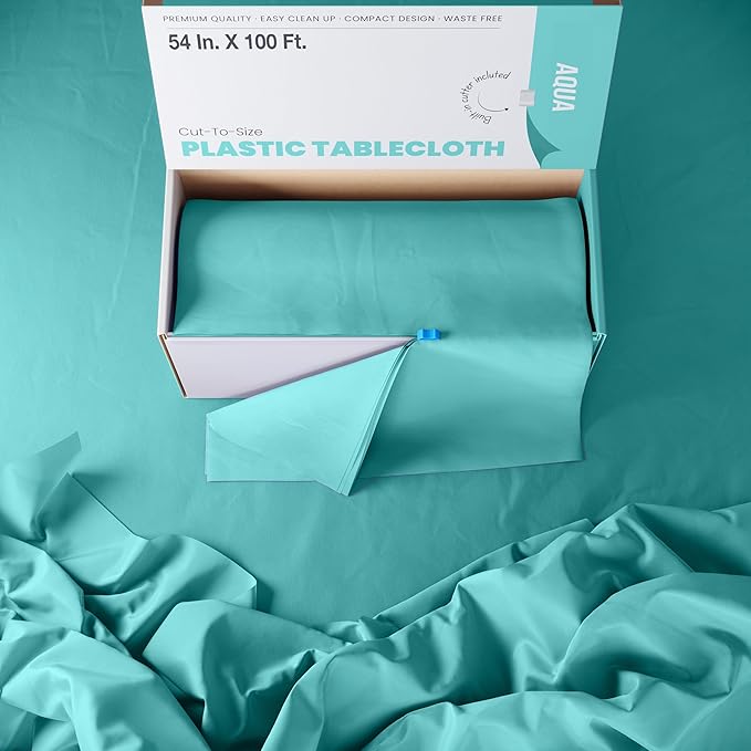 Party Solids 54 Inch X 100 Feet Aqua Plastic Table Cover Roll in A Cut - to - Size Box with Convenient Slide Cutter. Cuts Up to 12 Rectangle 8 Feet Plastic Disposable Tablecloths