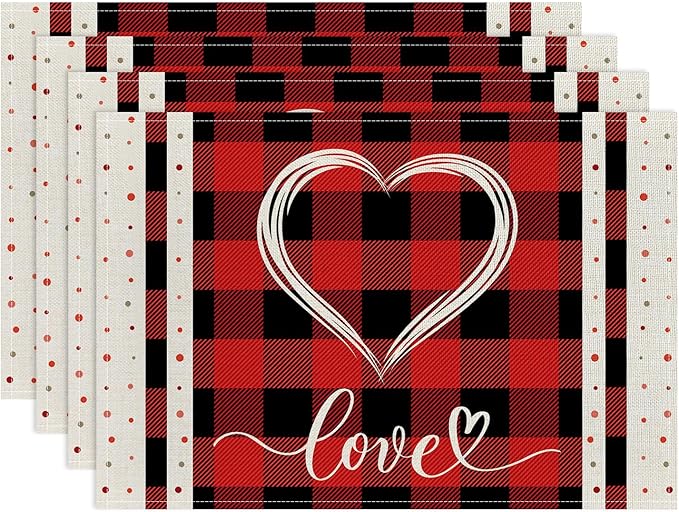 Valentine Placemats Set of 4, 12x18 Inch Buffalo Plaid Love Hearts Table Mats, Seasonal Anniversary Holiday Valentines Day Table Decorations for Kitchen Dining Home Party Decor