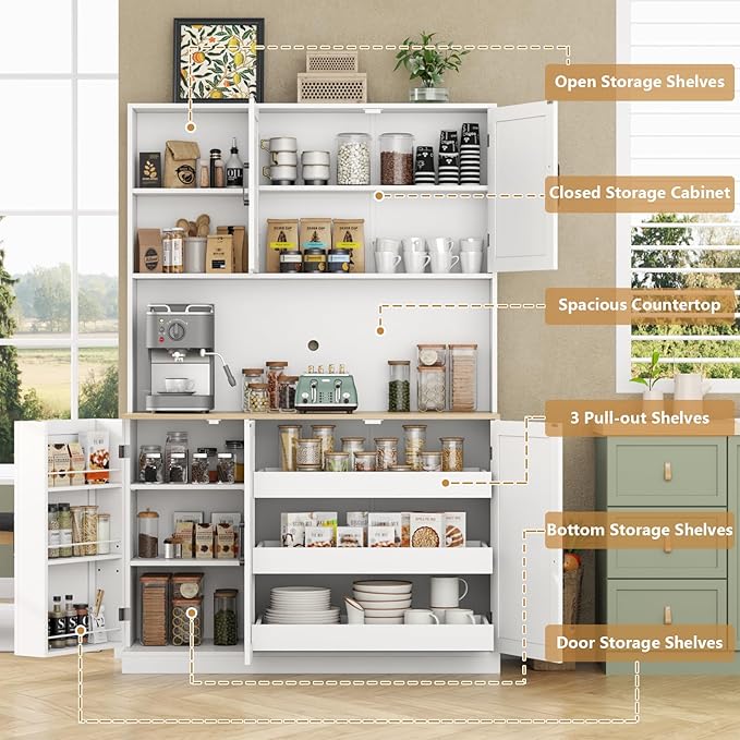 71" Tall kitchen Pantry Storage Cabinet, Modern Kitchen Hutch with 3 Pull-out Drawers, Kitchen Pantries with Microwave Stand & Door Shelf, Food Pantry with Adjustable Shelves for Dining Room (White)