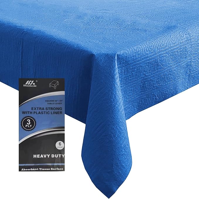 [6 Pack] Blue Square Tablecloths 54x54 Inch, Disposable Paper Table Cloth for Square and Round Tables, Waterproof 3-Ply Paper & Platic Table Cover for Holiday Party Gathering