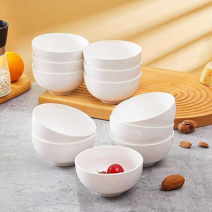 AntoKueh White 4.5in Small Ceramic Bowls 12 OZ, Cereal Bowls Set of 12 for Dessert, Rice, Family dressfamily gatherings, hosting dinner parties, bone china