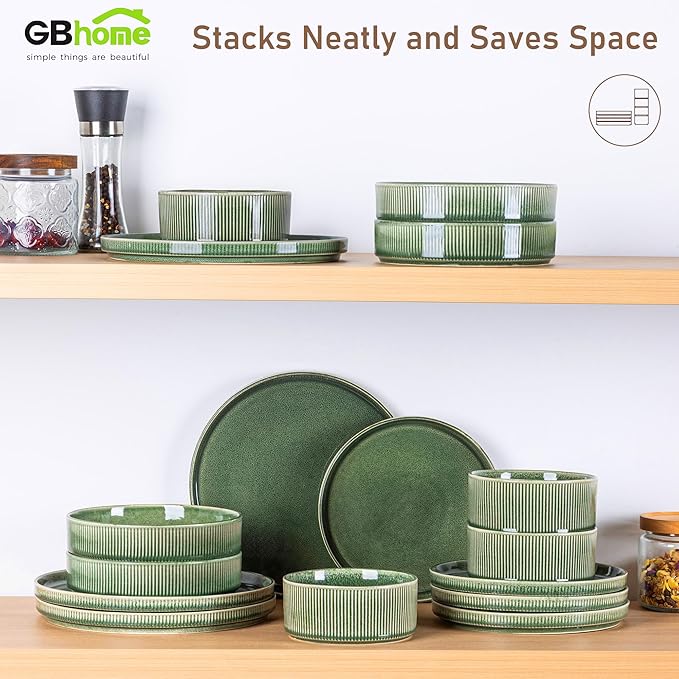 GBHOME Stoneware Dinnerware Sets for 4,Round Reactive Glaze Ceramic Plates and Bowls Set,Highly Scratch Resistant| Dishwasher & Microwave Safe Dishes Set,Service for 4(12Pcs),Dark Green