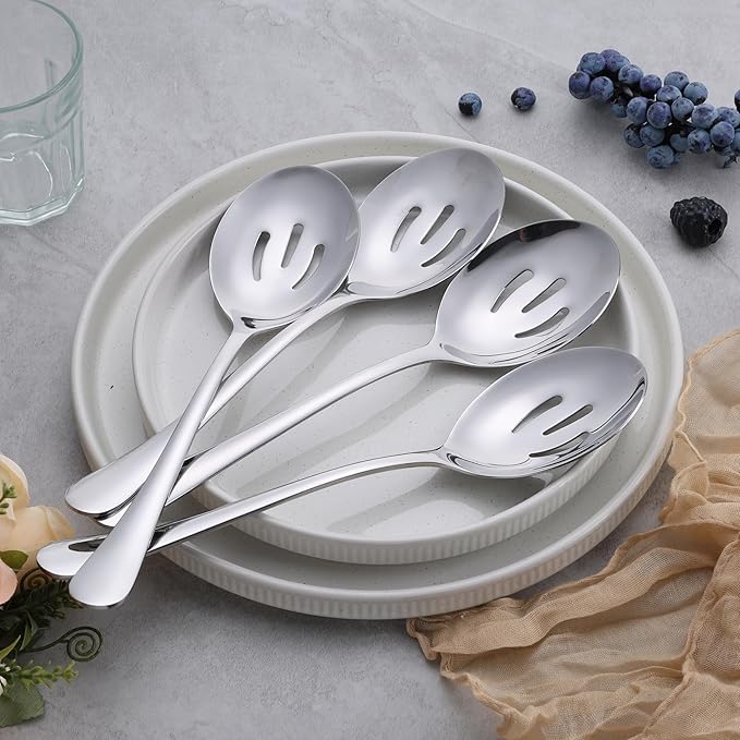E-far Large Serving Slotted Spoons Set of 4, 9.8 Inch Stainless Steel Serving Utensils Set, Big Buffet Spoons for Party Catering Wedding Kitchen Restaurant, Dishwasher Safe