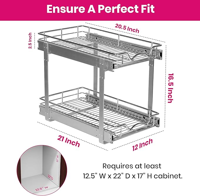 HOLDN??STORAGE Two Tier Pull Out Cabinet Organizer, Individual Sliding Drawers - Heavy Duty Metal with Lifetime Limited Warranty - Anti Rust Chrome Finish - 12" W x 21?쒭 x 16.5" H