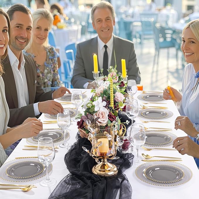 EI 60pcs Black and Gold Plastic Plates Clear with Black Disposable Plates Heavy Duty Gold Plastic Dinnerware Set For 30 Guests Perfect Wedding,Party,Birthday,Anniversary,Business Events,Hotel Banquets