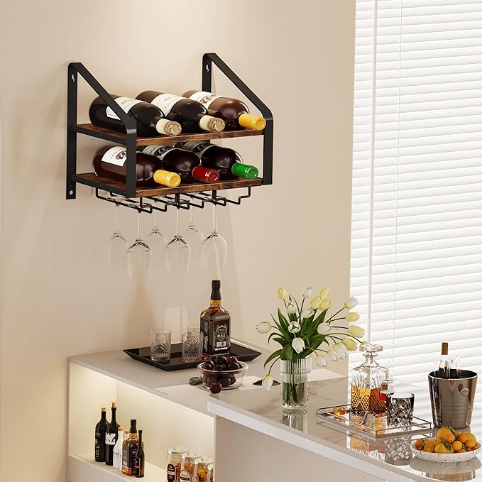 Wall Mounted Wine Rack for 6 Wine Bottles and 6 Glass Holder, 2-Tier Wall Wine Rack, Wood Wine Racks for Wall, Wood-Metal Wine Bottle Holder for Home Bar, Wine Kitchen Storage (Brown Black)