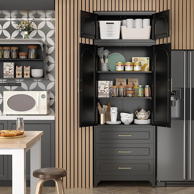 Kitchen Pantry Cabinet竊?0" Storage Cabinets with Doors and Shelves,Metal Pantry Cabinet with 3 Drawers,Black Kitchen Cupboard for Livingroom,Pantry, Bathroom