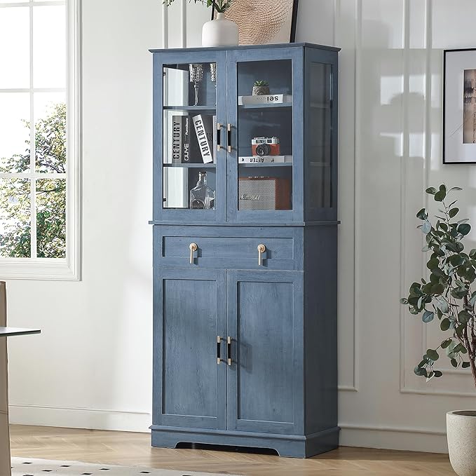 71'' Tall Pantry with Great Showcase&Storage, Pantry Cabinet with Glass Doors for Display,Removable and Adjustable Shelves for conveninet Storage, for Kitchen, Blue