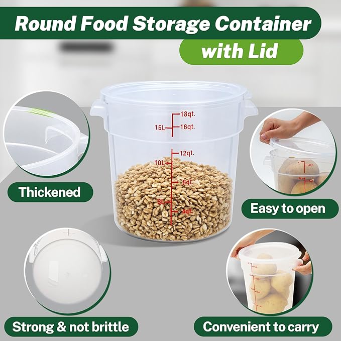 Round Food Storage Container with Lid竊?8 Qt Translucent竊?Commercial 4 Pack of ??NSF Listed, BPA-Free, Polypropylene, Non-Stick竊?Scale, with Labels & Measuring Cups