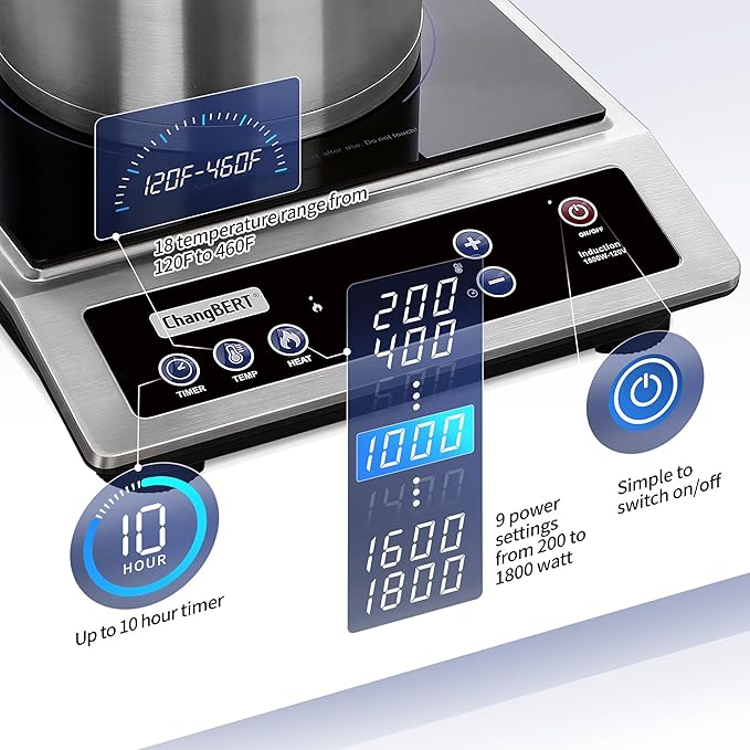 ChangBERT Induction Cooktop, Commercial Grade Portable Cooker, Large 8??Heating Coil, Premium Stainless Steel Countertop Burner with NSF Certified, 10 Hours Timer Powerful 1800W Professional Hot Plate