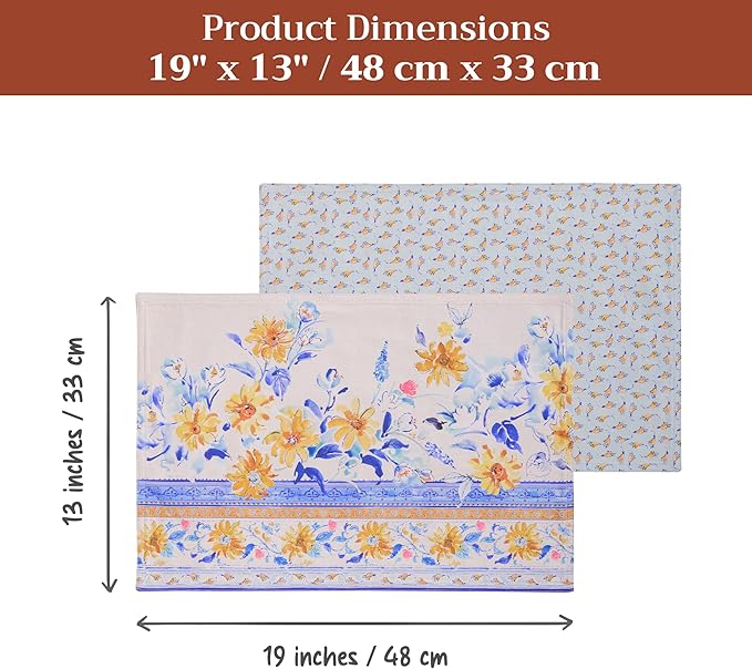 Maison d' Hermine Placemats Set of 2 100% Cotton Washable Cloth Place Mats, Reusable Table Mats for Kitchen Dining Decoration, Party, Wedding, Restaurant Spring/Summer (Girassol, 13" x 19")