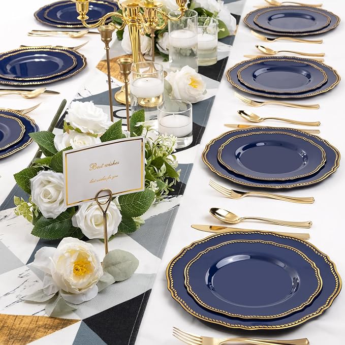 Hioasis 60pcs Blue Plastic Plates - Blue and Gold Disposable Dinnerware with Gold Rim, Heavy-duty, 7.5 inch, Dessert Plates for Party & Christmas