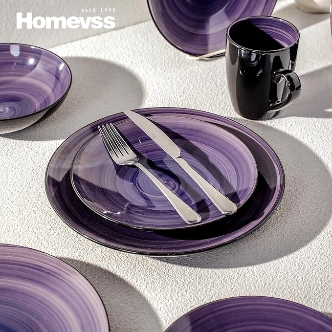 Sonoma 56-Piece Dinnerware Set - Serves for 8, Black and Speckled Purple Plates & Bowls Set | Microwave & Dishwasher Safe | Sonoma Style, Purple