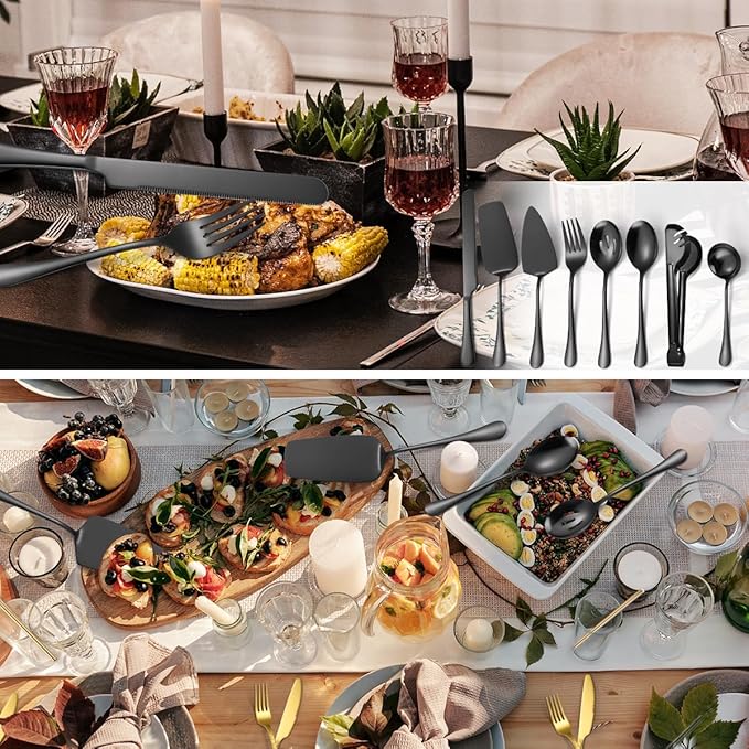 AARAINBOW Exquisite 8 Pieces Serving Utensils Set, Stainless Steel Serving Utensils Large Hostess Serving Set with Serving Spoons, Serving Tongs, Serving Fork, Cake Knife for Parties Buffet (8 Black)…