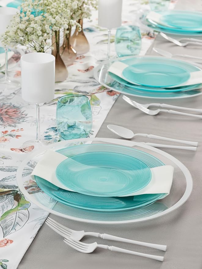 PLASTICPRO 64 Pieces Crystal Design Plastic Plates Combo Pack 7 inch and 10 inch Gold Rim Elegant Disposable Plates, Transparent Aqua Blue