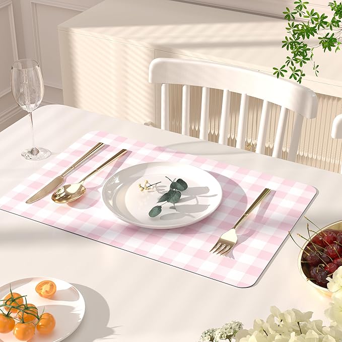 QIYI Placemats Set of 6, 12x18 Inch Faux Leather Place Mats for Kitchen Dinning, Heat Resistant Anti Slip Grid Table Mats, Waterproof Wipeable Washable Placemat Party Table D챕cor, Pink Gingham Check