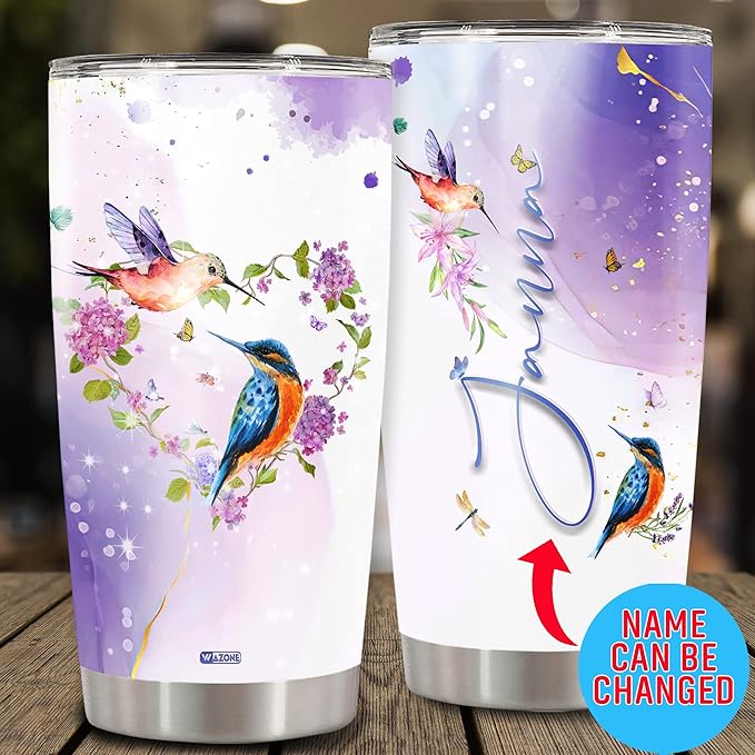 WAZONE Personalized Hummingbird Tumbler Cup 20 30oz Custom Name Humming Bird Stainless Steel Insulated Travel Mug Cups Gifts For Women On Valentine Day Birthday Anniversary