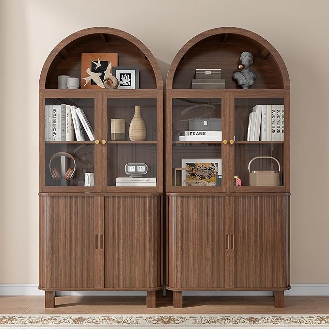 69" Tall Kitchen Pantry Storage Cabinet with Sliding Door, Modern Curved Edge Pantry Storage Cabinet with Glass Door & Adjustable Shelves, Walnut Cupboard for Kitchen, Dining Room, Living Room, Office