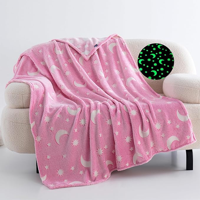 QSTEHEML Pink Moon Glow in The Dark Blanket,Star Gifts Toys for Kids Girls Birthday Christmas Bedroom Decor for Age 3-12 Years Old Toddler Teens Child Daughter Soft Luminous Blanket竊?0"횞60"