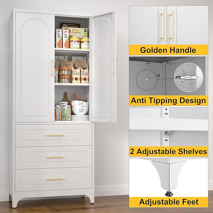 Metal Kitchen Pantry Cabinet with 3 Drawers竊?5 Inch White Food Pantry Cabinets for Kitchen Storage with 2 Adjustable Shelves,Tall Storage Cupboard for Living Room,Dining Room Office