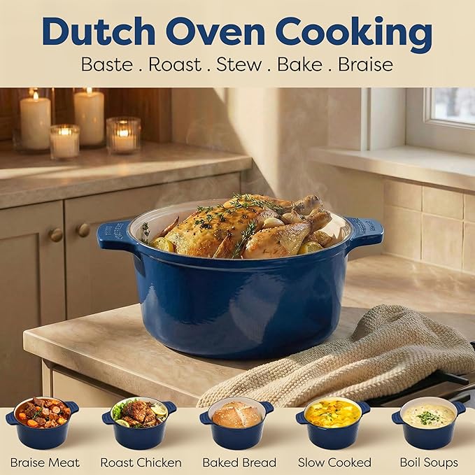 Gotham Steel 5 Qt Lightweight Dutch Oven Pot with Lid & Holders, Ceramic Non Toxic, Oven Safe & Even Heat Retaining Dutch Oven for Bread Baking Sourdough, Soup, Casserole, 70% Lighter than Cast Iron