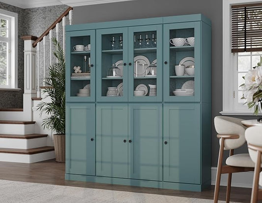 Palace Imports 100% Solid Wood Kitchen China Pantry Cabinet, 65" W - 4 Clear Glass & 4 Shaker Doors, Renewable Eco-Friendly Wood, Made in Brazil (Aqua, 8 China/Shaker Doors | NO Drawers)