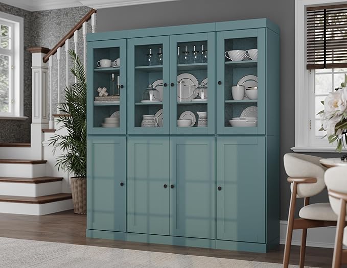 Palace Imports 100% Solid Wood Kitchen China Pantry Cabinet, 65" W - 4 Clear Glass & 4 Shaker Doors, Renewable Eco-Friendly Wood, Made in Brazil (Aqua, 8 China/Shaker Doors | 2 Drawers)