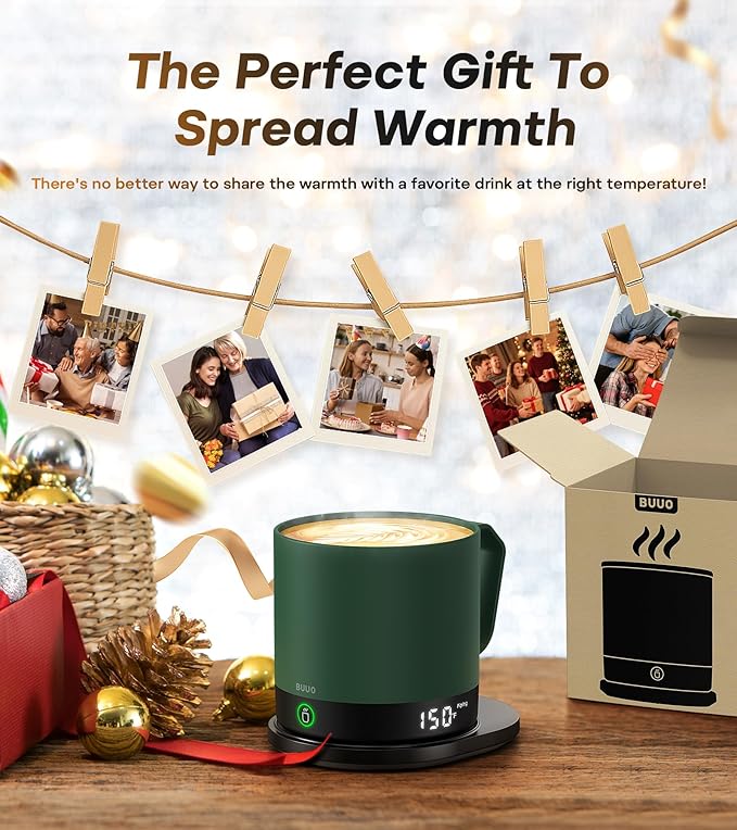 Heated Coffee Mug Rechargeable - Temperature Control Self Heating Coffee Mug 14oz with Lid, Double Sided & Real-Time LED Display, Hot up to 150?? Birthday Gifts for Women and Men(Green)