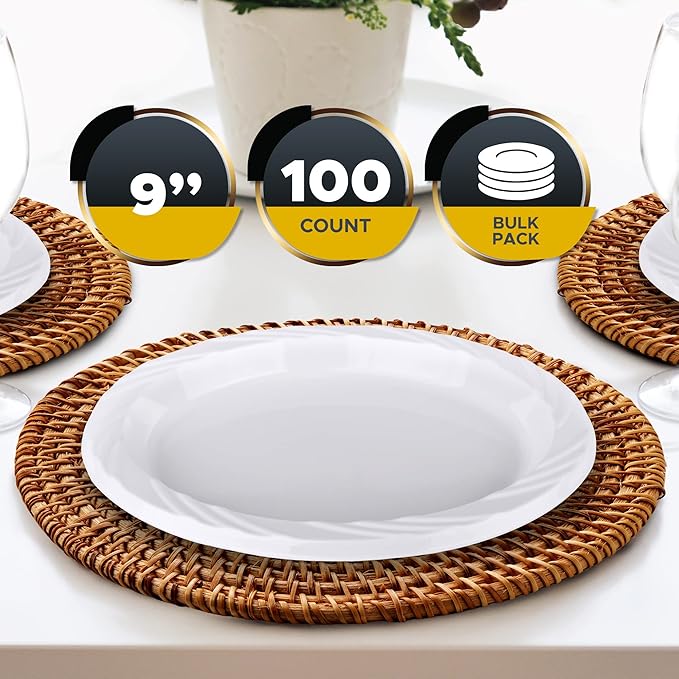 PAMI Heavy-Duty Disposable Plastic Dinnerware for Parties, Elegant Design, Microwave & Freezer Safe (9 Inch Plates 100 White)