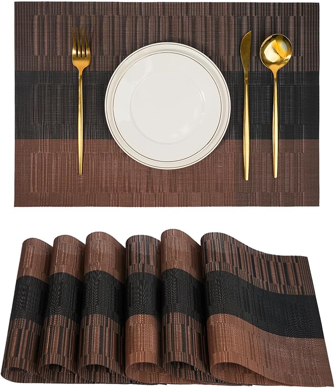 flohar Placemats Set of 6竊똍on-Slip PVC Weave Table Mats Easy to Clean竊똇eat Resistant Place Mats for Kitchen Dining Table Decoration Indoor Outdoor竊똁lack Brown
