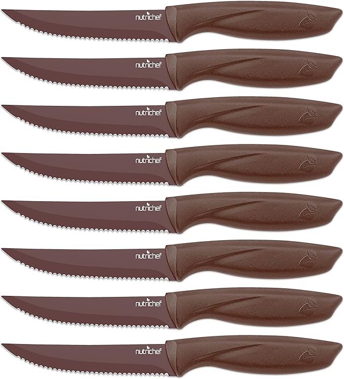 NutriChef 8 Piece Kitchen Knife Set - Multi-purpose Unbreakable Ergonomic Non-stick Stainless Steel Kitchen Steak Knives Set with Fully Serrated Blades - Great for BBQ Grill - NCSK8BW,Brown
