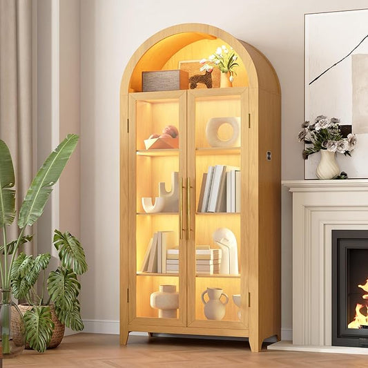 Vlsrka 71" Arched Storage Cabinet with Doors, Display Cabinet with LED Light & Human Sensor, 5-Tier Display Cases for Collectibles, Curio Cabinet with Ajustable Shelf for Living Room(Wood)