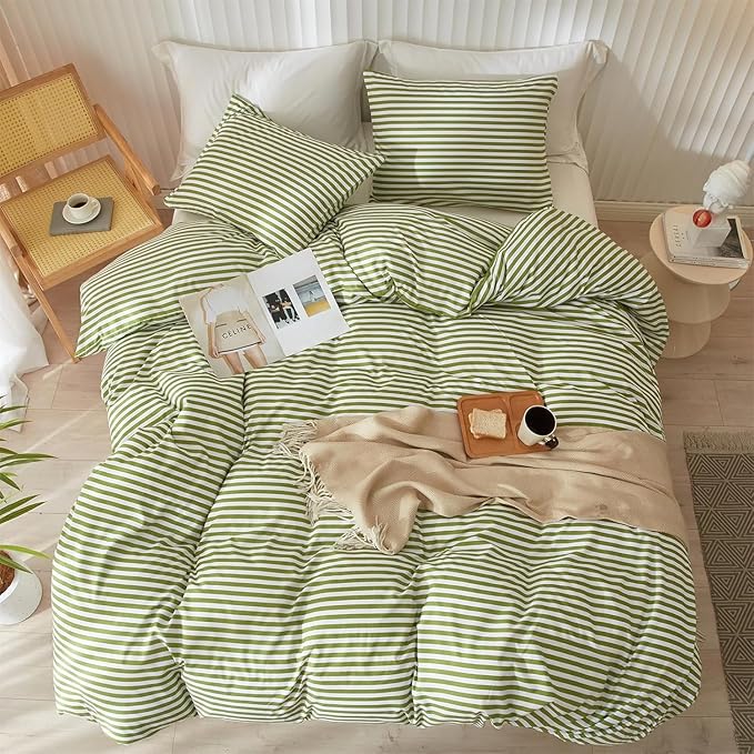 Full Comforter Set 3 Pieces Striped Comforter Set Green White Stripes Pattern Comforter with 2 Pillowcases Modern Style Lightweight Boho Bedding Comforter Geometric Striped Fluffy Comforter Set