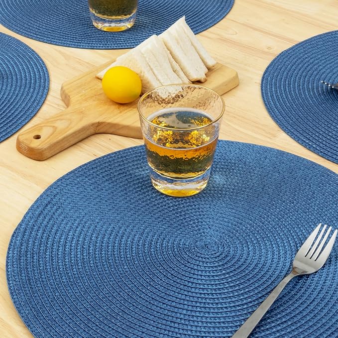 Winknowl Round Braided Placemats Set of 4 Washable Woven Heat Resistant Table Mats for Kitchen Dining Tables 15 inch Round Place Mats (Blue,4pcs)