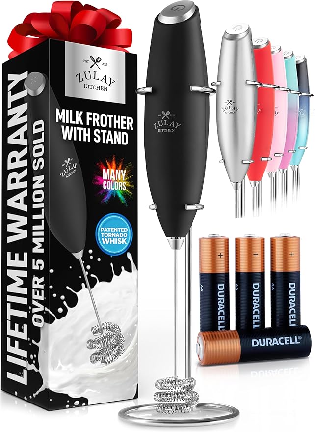 Zulay Kitchen Patented Tornado Triple Whisk Milk Frother with 4 Duracell Batteries ??Handheld Foam Maker for Coffee, Lattes, Matcha & Hot Chocolate ??Rich, Creamy Froth in Seconds