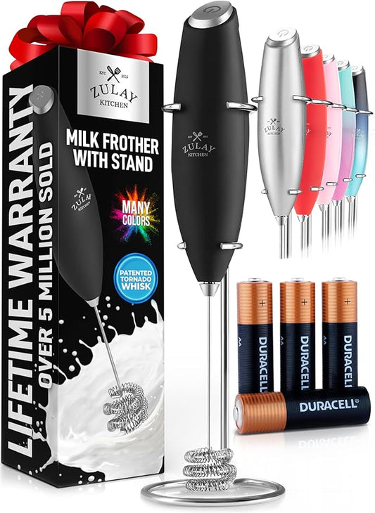 Zulay Kitchen Patented Tornado Triple Whisk Milk Frother with 4 Duracell Batteries ??Handheld Foam Maker for Coffee, Lattes, Matcha & Hot Chocolate ??Rich, Creamy Froth in Seconds
