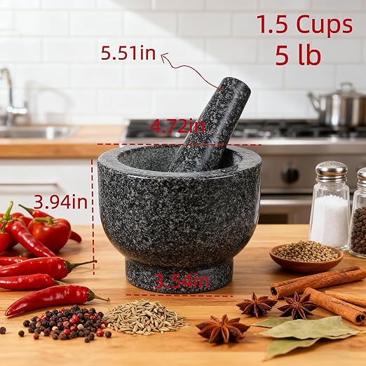 Heavy-Duty Mortar and Pestle Set, 1.5-Cup Granite Material, with Non-Slip Base, 4.72-inch Mexican Grinder, for Grinding Spices and Seeds, Seasoning and Spice Tool (Speckled Gray, 1.5Cup)