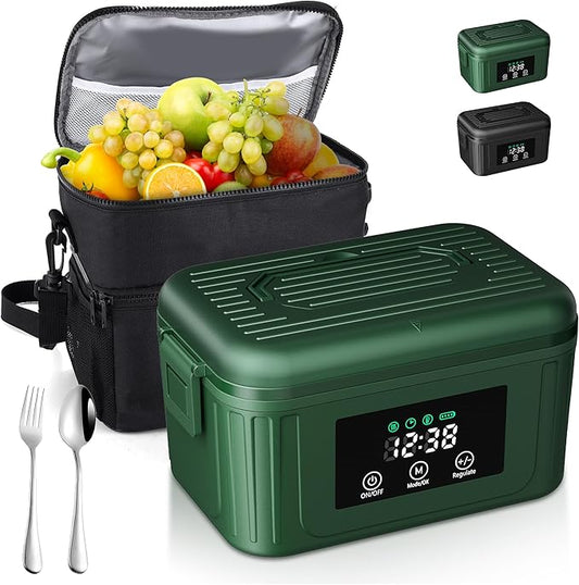 Aurevit Cordless Electric Lunch Box for Adults, 1.4L Heated Lunch Box for Men with Smart Meal Scheduling & Auto Keep Warm, Portable Food Warmer for Car with Insulated Bag, Ice Pack (Brewster Green)