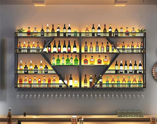 118 Inch 4 Tier Metal Wine Rack Wall Mounted, Modern Bar Shelves Wall Mounted Wine Rack with LED Light, Liquor Shelf Wall Mounted, Bar Shelves for Liquor Bottles (Black with Warm Led, 118-4 Tier)