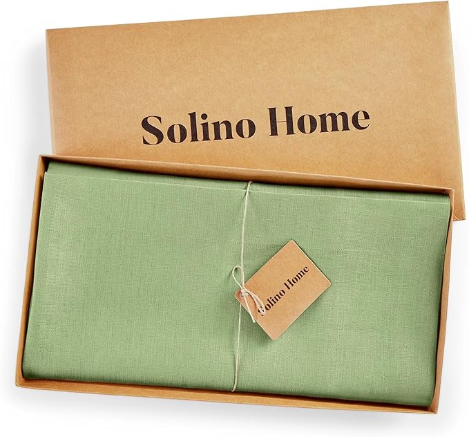 Solino Home Linen Tablecloth 52 x 52 Inch - 100% Pure Linen Laurel Green Square Tablecloth - Fete, Machine Washable Table Throw for Spring, Easter, St Patricks Day
