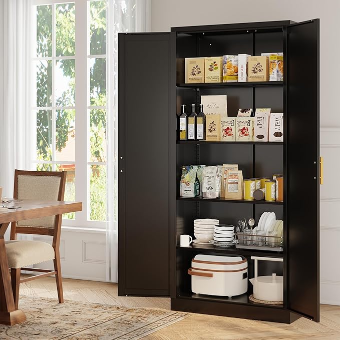 CJF 71" H Metal Kitchen Pantry Storage Cabinet, Freestanding Cupboard with 2 Doors and 4 Adjustable Shelves, Standing Storage for Kitchen, Bathroom, Garage, Dinning Room or Utility Room（Black）